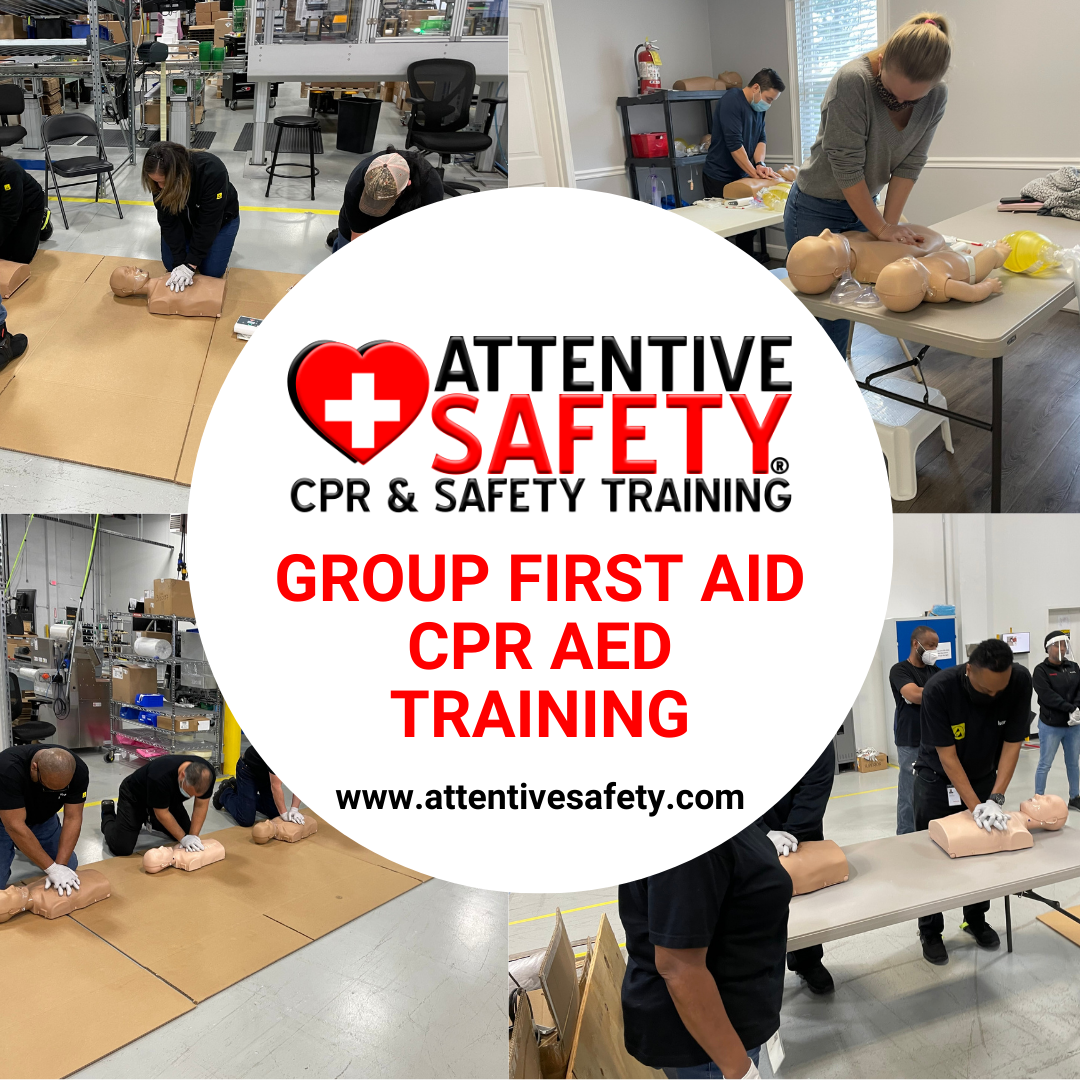 Attentive Safety CPR and Safety Training offers Group First Aid CPR AED Training at your location for groups of 5+ people.